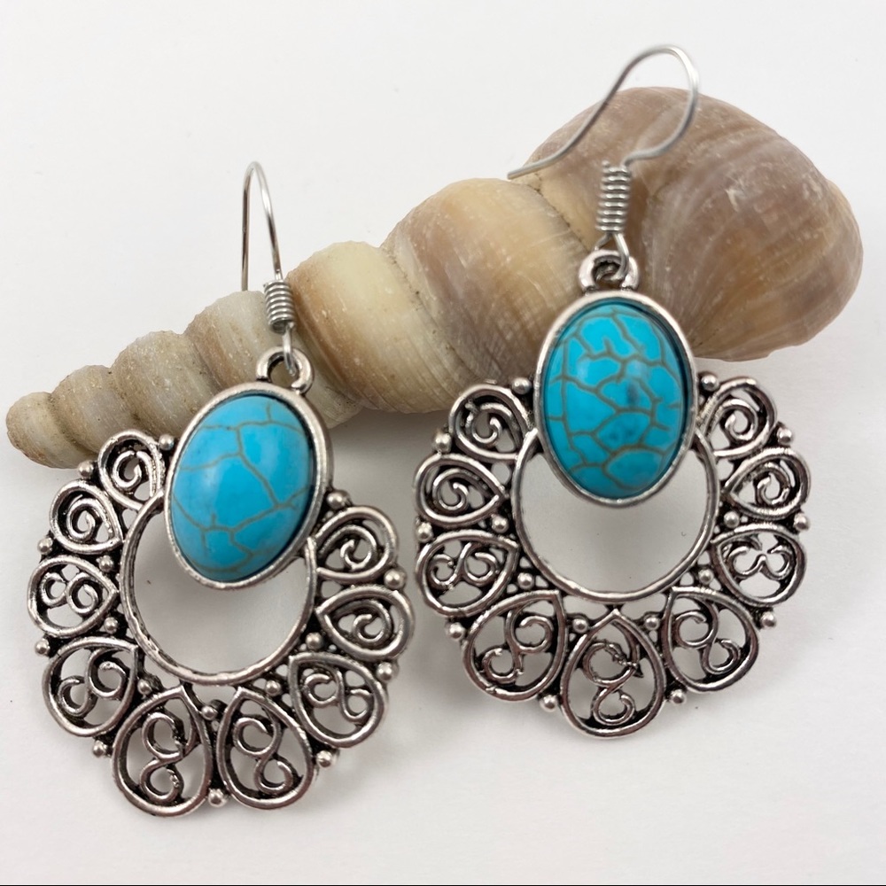 Natural Stone Turquoise Silver Hook Earrings (B)
